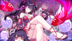  absurdres air_bubble artist_name bare_shoulders bell black_choker brown_hair bubble butterfly-shaped_pupils choker criss-cross_halter dream.cat dress female fish flower_tattoo fox_mask gloves glowing glowing_eye halterneck highres holding holding_mask honkai:_star_rail honkai_(series) long_hair mark_under_both_eyes mask neck_bell red_dress red_eyes red_nails red_sleeves sandals single_glove sparkle_(doll)_(honkai:_star_rail) sparkle_(honkai:_star_rail) symbol-shaped_pupils tattoo twintails 