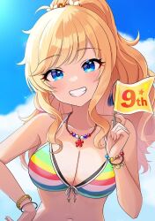  bare_shoulders bikini blonde_hair blue_eyes blush bracelet breasts cleavage collarbone female flag front-tie_bikini_top front-tie_top holding holding_flag idolmaster idolmaster_cinderella_girls jewelry long_hair looking_at_viewer medium_breasts navel necklace ohtsuki_yui open_mouth ponytail rainbow_bikini sakura_ran smile solo swimsuit wavy_hair 