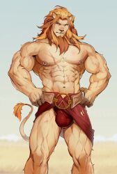  1boy abs adjusting_belt afk_arena bara biceps blurry blurry_background brown_eyes character_request chinese_commentary closed_mouth commentary_request corrupted_twitter_file feet_out_of_frame furry furry_male highres large_pectorals lion_boy looking_at_viewer male_focus medium_hair navel nipples orange_hair pectorals solo thighs v-shaped_eyebrows veins vv92890531 