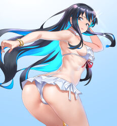  ass bare_shoulders black_hair blue_hair breasts choker colored_inner_hair das_(dan_dan) eyeliner fate/grand_order fate_(series) female grey_eyes highres long_hair looking_at_viewer looking_back makeup medium_breasts multicolored_hair sideboob sidelocks solo tenochtitlan_(fate) tenochtitlan_(swimsuit_mooncancer)_(fate) tenochtitlan_(swimsuit_mooncancer)_(first_ascension)_(fate) thighs 