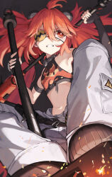  black_gloves clenched_teeth eyepatch female fingerless_gloves flat_chest gloves hair_between_eyes highres holding holding_weapon kiukoma koleda_belobog long_hair looking_ahead navel outdoors pants red_eyes red_hair serious sidelocks solo teeth v-shaped_eyebrows weapon white_pants zenless_zone_zero 