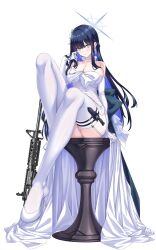  absurdres black_hair blue_archive blue_choker blue_hair breasts choker cleavage colored_inner_hair commentary_request dress female garter_belt gun highres large_breasts legs long_hair looking_at_viewer multicolored_hair official_alternate_costume saori_(blue_archive) saori_(dress)_(blue_archive) shirokuma_a shoes sig_516 simple_background sitting solo two-tone_hair weapon white_background white_choker white_footwear white_garter_belt 