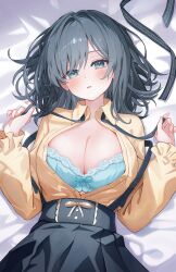  absurdres black_skirt blue_eyes blush bra breasts cleavage female funii green_bra grey_hair highres large_breasts long_hair long_sleeves looking_at_viewer lying open_clothes open_mouth original parted_lips partially_unbuttoned ribbon shirt skirt solo underwear yellow_ribbon yellow_shirt 