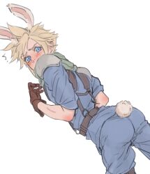  1boy animal_ears armor ass belt blonde_hair blue_eyes blush cloud_strife commentary covered_mouth crisis_core_final_fantasy_vii earrings final_fantasy final_fantasy_vii gloves green_scarf jewelry kintokiii male_focus pants pauldrons rabbit_ears rabbit_tail scarf shinra_infantry_uniform shirt short_hair shoulder_armor single_earring spiked_hair suspenders symbol-only_commentary tail 