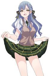  ass_visible_through_thighs bang_dream! bang_dream!_it&#039;s_mygo!!!!! black_ribbon blue_hair breasts brown_sweater_vest collared_shirt commentary diagonal-striped_clothes diagonal-striped_necktie female green_necktie green_skirt gumoyu hair_ribbon haneoka_school_uniform highres long_hair looking_at_viewer medium_breasts necktie open_mouth plaid_clothes plaid_skirt pleated_skirt ribbon school_uniform shirt sidelocks simple_background skirt skirt_hold solo striped_clothes striped_ribbon sweater_vest togawa_sakiko variant_set white_background white_shirt yellow_eyes 