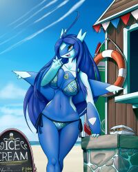  2023 4:5 anthro beach belly bikini blue_body blue_hair blue_wings breasts claws clothing cloud day detailed_background digital_media_(artwork) english_text female finger_claws generation_3_pokemon gesture hair hand_gesture hi_res latiar latios laurel_misora legendary_pokemon long_hair looking_at_viewer navel nintendo open_mouth outside pokemon pokemon_(species) pokemorph price pupils rule_63 sand scenery sea shadow sky solo standing swimwear teeth text tongue two-piece_swimsuit v_sign water white_sclera white_text wings yellow_eyes yellow_text 