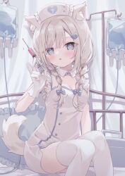  :o animal_ear_fluff animal_ears blue_bow blue_eyes bow braid breasts cleavage detached_collar dog_ears dog_girl dog_tail dress female gloves grey_hair hair_ornament hairbow hat heart heart_hair_ornament highres holding holding_syringe hoshi_(snacherubi) medium_breasts nurse_cap original solo syringe tail thighhighs twin_braids white_dress white_gloves white_thighhighs 