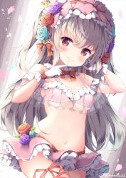  artist_name bare_shoulders bikini bikini_skirt blush bow bowtie breasts cleavage closed_mouth collar cowboy_shot crown female flower frilled_bikini frills gloves grey_hair hair_flower hair_ornament hairbow hands_up highres leg_ribbon long_hair looking_at_viewer maid_headdress medium_breasts navel niwasane_(saneatsu03) off-shoulder_bikini off_shoulder original pink_bikini pointing pointing_at_self red_bow red_bowtie red_eyes red_flower red_ribbon ribbon smile solo standing stomach swimsuit thigh_ribbon two_side_up underboob very_long_hair wavy_mouth white_collar white_gloves 