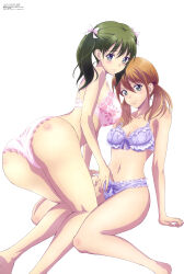  2girls absurdres ass bare_shoulders blue_eyes blush bow bow_panties bra breasts brown_hair chiyoda_ririka cleavage green_hair hairbow highres large_breasts long_hair looking_at_viewer looking_back magazine_scan megami_magazine megami_no_kafeterasu midriff multiple_girls navel official_art panties pink_bra pink_panties purple_bra purple_panties scan shiny_skin simple_background sitting small_breasts smile thighs tsukishima_riho twintails underwear underwear_only wariza white_background 