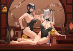  absurdres aegir_(azur_lane) alternate_breast_size alternate_costume animal_ears azur_lane barefoot black_dress black_hair black_horns breasts china_dress chinese_clothes cleavage demon_horns detached_collar dress fake_animal_ears feet full_body glass_bottle grey_hair hair_between_eyes hair_on_horn highres horns indoors large_breasts long_hair manjuu_(azur_lane) mechanical_horns multicolored_hair pelvic_curtain rabbit_ears red_hair red_horns shiqjm short_hair sleeveless sleeveless_dress slit_pupils streaked_hair two-tone_hair ulrich_von_hutten_(azur_lane) very_long_hair yellow_eyes 