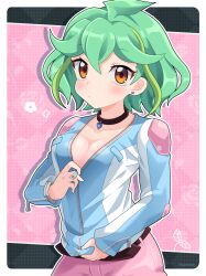  blue_jacket border breasts cleavage collarbone cowboy_shot female green_eyes jacket kura_(xxcracy) medium_breasts orange_eyes pink_background pink_footwear rin_(yu-gi-oh!) short_hair solo white_border white_jacket yu-gi-oh! yu-gi-oh!_arc-v 