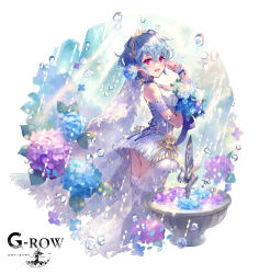  :d almace_(phantom_of_the_kill) ass blue_flower blue_hair blush bouquet corset crossed_bangs da-kuro dress female flower hair_between_eyes hair_flower hair_ornament highres holding holding_bouquet hydrangea looking_at_viewer looking_back off_shoulder official_alternate_costume official_art open_mouth phantom_of_the_kill pink_eyes purple_flower rain short_hair simple_background skirt smile socks solo tearing_up thighhighs thighs tiara water_drop wedding_dress white_background white_dress white_socks 