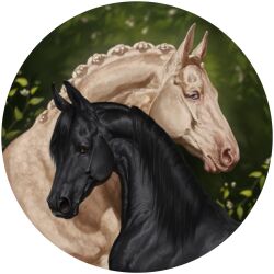  1:1 absurd_res alpha_channel ambiguous_gender black_body black_ears black_mane blue_eyes brown_eyes duo english_text equid equine feral floral_background glistening glistening_eyes hi_res horse looking_at_viewer mammal mane mouth_closed scarlanya side_view signature tan_body tan_ears tan_mane text 