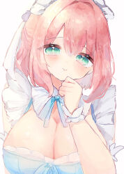  aaaakonnitiha aqua_dress aqua_ribbon blush breasts cleavage closed_mouth collar commentary detached_collar dress female frilled_dress frills green_eyes hanazono_hakari hand_up highres huge_breasts kimi_no_koto_ga_dai_dai_dai_dai_daisuki_na_100-nin_no_kanojo looking_at_viewer maid_headdress medium_hair neck_ribbon pink_hair ribbon simple_background smile solo upper_body white_background white_collar white_wrist_cuffs wrist_cuffs 