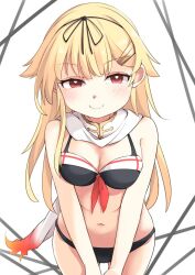  bikini black_bikini blonde_hair breasts cleavage female hair_flaps hair_ribbon highres kantai_collection leaning_forward long_hair looking_at_viewer medium_breasts okitarou_(okiyo) red_eyes ribbon scarf solo swimsuit white_background white_scarf yuudachi_(kancolle) yuudachi_kai_ni_(kancolle) yuudachi_kai_ni_(swimsuit)_(kancolle) 