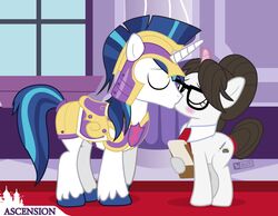  2018 armor artist_name black_hair black_tail blue_tail blush clipboard closed_eyes digital_media_(artwork) dm29 duo equid equine eyewear female feral friendship_is_magic galea glasses hair hasbro headgear helmet holding_clipboard holding_object horn horse kiss_on_lips kissing male male/female mammal my_little_pony mythological_creature mythological_equine mythology pony raven_inkwell_(mlp) shining_armor_(mlp) tail unicorn white_body 