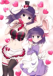  2girls absurdres apron arm_up beret between_breasts black_hat black_legwear blush bow breasts cleavage cleavage_cutout closed_mouth clothing_cutout commentary_request crop_top dress dual_persona fate/grand_order fate_(series) frilled_apron frilled_legwear frilled_skirt frills hair_between_eyes hairbow hat heart highres holding holding_heart juliet_sleeves large_breasts long_sleeves looking_at_viewer lying matou_sakura matou_sakura_(kitchen_patissiere) matou_sakura_(street_choco-maid) mini_hat mini_top_hat multiple_girls navel necktie on_back on_side ouhina parted_lips pink_bow pleated_skirt puffy_sleeves purple_dress purple_eyes purple_hair purple_legwear red_necktie red_skirt skirt smile thighhighs tilted_headwear top_hat unworn_hat unworn_headwear waist_apron white_apron white_hat wrist_cuffs 