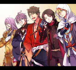  5boys ^_^ armor blonde_hair blue_eyes bridal_gauntlets brown_hair closed_eyes commentary_request gloves gold_armor hachisuka_kotetsu hood japanese_clothes kasen_kanesada kashuu_kiyomitsu letterboxed male_focus multiple_boys mutsu-no-kami_yoshiyuki nail_polish one_eye_closed open_mouth photoshop_(medium) ponytail purple_hair red_eyes satou_iruno smile touken_ranbu white_gloves yamanbagiri_kunihiro 