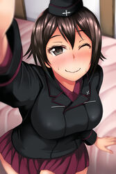  bad_id bad_pixiv_id bed black_hat black_jacket blurry blurry_background blurry_foreground brown_eyes brown_hair closed_mouth commentary_request depth_of_field dress_shirt embarrassed female garrison_cap girls_und_panzer hat highres hubrael indoors jacket kuromorimine_military_uniform long_sleeves looking_at_viewer military military_hat military_uniform miniskirt nishizumi_maho one_eye_closed photoshop_(medium) pleated_skirt reaching reaching_towards_viewer red_shirt red_skirt selfie shirt short_hair skirt smile solo standing sweatdrop uniform wavy_mouth 