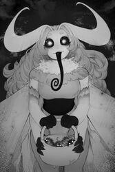  antennae arthropod_girl artist_name basket black_tongue bug curly_hair extra_arms female fur_collar greyscale halloween highres long_hair long_tongue looking_at_viewer matilda_fiship monochrome monster_girl moth moth_girl mother_lumi_(matilda_fiship) original smile solo tongue 