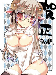  2015 :&lt; :3 animal_ears bad_id bad_pixiv_id between_legs blush breasts cleavage commentary_request female fur_trim glasses grey_hair hair_ribbon hand_between_legs hand_on_own_chest happy_new_year highres horns large_breasts long_hair looking_at_viewer meme_attire new_year open-chest_sweater original pink_eyes plaid plaid_background ribbed_sweater ribbon semi-rimless_eyewear sheep_ears sheep_girl sheep_horns solo sweater under-rim_eyewear yoroi_nau 