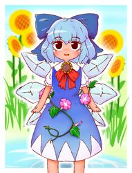  black_eyes blue_dress blue_hair bow bowtie cirno commentary_request dress female flower hairbow highres ice ice_wings open_mouth perfectfreeze short_hair solo standing sunflower tan touhou wings 