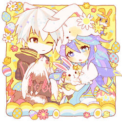  1boy animal animal_ears blue_eyes blue_hair blush cape chibi commentary_request female fire_emblem fire_emblem_awakening fire_emblem_heroes kappaman long_hair looking_at_viewer lucina_(fire_emblem) lucina_(spring)_(fire_emblem) official_alternate_costume playboy_bunny rabbit rabbit_ears robin_(fire_emblem) robin_(male)_(fire_emblem) short_hair white_hair 