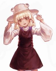  :d absurdres bad_id bad_pixiv_id blonde_hair cowboy_shot female hands_up hat head_tilt highres long_sleeves looking_at_viewer moriya_suwako nob1109 open_mouth purple_skirt purple_vest shirt short_hair simple_background skirt skirt_set smile solo teeth touhou vest white_background white_shirt wide_sleeves yellow_eyes 