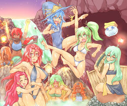  6+girls :3 ariel_(yu-gi-oh!) bandeau barefoot bikini blonde_hair blue_eyes blue_hair bottomless breast_envy breasts caam_serenity_of_gusto character_doll cleavage closed_eyes commentary_request dark-skinned_female dark_skin duel_monster emilia_(yu-gi-oh!) fighting from_behind gem-knight_garnet gishki_ariel gishki_emilia gishki_noellia green_eyes green_hair hat hug in_water jitome kicking lantern large_breasts laval_forest_sprite laval_lakeside_lady laval_volcano_handmaiden long_hair medium_breasts midair mother_and_daughter multiple_girls nasuka@hiyokko navel o-ring o-ring_bottom one-piece_swimsuit onsen open_mouth orange_eyes orange_hair partially_submerged pink_eyes pink_hair ponytail red_eyes red_hair reeze_whirlwind_of_gusto rock same-sex_bathing school_swimsuit shared_bathing shiny_skin sitting slingshot_swimsuit smile spore_(yu-gi-oh!) standing star_(sky) swimsuit water waterfall wet winda_(yu-gi-oh!) winda_priestess_of_gusto yu-gi-oh! 