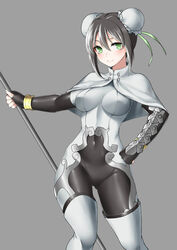  black_hair bodysuit breasts bun_cover capelet chinese_clothes commentary_request covered_navel double_bun fate/grand_order fate_(series) female fingerless_gloves gloves green_eyes grey_background hair_bun highres holding holding_staff looking_at_viewer md5_mismatch medium_breasts qin_liangyu_(fate) resolution_mismatch short_hair simple_background solo source_larger staff standing white_capelet z-jun.dd-zhong 