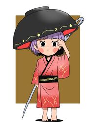  arm_up barefoot black_eyes blush_stickers bowl bowl_hat commentary_request cosplay female hat hotaru_no_haka japanese_clothes kimono long_sleeves needle obi onikobe_rin purple_hair sash setsuko_(hotaru_no_haka) setsuko_(hotaru_no_haka)_(cosplay) solo sukuna_shinmyoumaru touhou wide_sleeves 