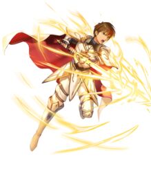  1boy aoji_(aoji-web) armor boots brown_eyes brown_hair cape commentary_request faulds fingerless_gloves fire_emblem fire_emblem:_thracia_776 fire_emblem_heroes full_body gauntlets gloves highres holding holding_sword holding_weapon knee_boots leg_up leif_(fire_emblem) light_brand male_focus official_art open_mouth pants shoulder_armor solo sword transparent_background weapon white_armor white_footwear 