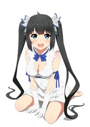  :d arm_ribbon barefoot black_hair blue_eyes blue_ribbon blush breasts cleavage cleavage_cutout clothing_cutout commentary_request dress dungeon_ni_deai_wo_motomeru_no_wa_machigatteiru_darou_ka female gloves hair_ribbon hestia_(danmachi) kei_(0497) long_hair looking_at_viewer medium_breasts open_mouth pencil_dress rei_no_himo ribbon sitting smile solo twintails v_arms white_dress white_gloves 