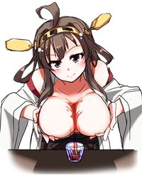  between_breasts breasts brown_eyes brown_hair commentary_request cup detached_sleeves female hairband hands_on_own_chest kantai_collection kongou_(kancolle) large_breasts long_hair looking_at_viewer nontraditional_miko ryuuri_(aoithigo) solo tea teacup white_background 