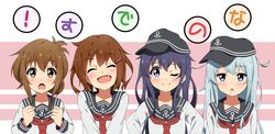  4girls ;) ^_^ akatsuki_(kancolle) anchor_symbol black_hair blush closed_eyes commentary_request flat_cap folded_ponytail grey_hair hair_ornament hairclip hat hibiki_(kancolle) ikazuchi_(kancolle) inazuma_(kancolle) kantai_collection kei_(0497) long_hair long_sleeves multiple_girls nanodesu_(phrase) neckerchief oerba_yun_fang one_eye_closed open_mouth ponytail red_neckerchief school_uniform serafuku short_hair smile 