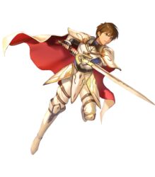  1boy aoji_(aoji-web) armor boots brown_eyes brown_hair cape closed_mouth commentary_request faulds fingerless_gloves fire_emblem fire_emblem:_thracia_776 fire_emblem_heroes full_body gauntlets gloves highres holding holding_sword holding_weapon knee_boots leg_up leif_(fire_emblem) light_brand looking_away male_focus official_art pants shoulder_armor solo sword transparent_background weapon white_armor white_footwear 