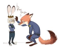  2016 annoyed anthro barefoot canid canine clothing crossed_arms dessert digital_media_(artwork) dipstick_tail disney doughnut duo feet female food fox frown fur ganym0 green_eyes grey_body grey_fur hand_on_knee hand_on_leg humor judy_hopps lagomorph leporid long_ears mammal markings multicolored_tail nick_wilde pastry police police_uniform purple_eyes rabbit red_fox simple_background size_difference smile standing tail tail_markings true_fox two_tone_tail uniform zootopia 