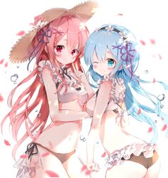  2girls adapted_costume alternate_hair_length alternate_hairstyle arched_back ass b_rock bad_id bad_pixiv_id bikini black_bikini blue_eyes blue_hair blurry blush breasts cherry_blossoms clenched_hand closed_mouth depth_of_field detached_collar frilled_shirt_collar frills grin hair_ornament hat long_hair maid maid_bikini maid_headdress medium_breasts mismatched_bikini multiple_girls navel one_eye_closed petals pink_eyes pink_hair ram_(re:zero) re:zero_kara_hajimeru_isekai_seikatsu rem_(re:zero) siblings side-tie_bikini_bottom sisters small_breasts smile straw_hat swimsuit twins unconventional_maid very_long_hair water_drop white_background white_bikini x_hair_ornament 