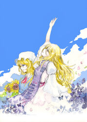  2girls arm_up blonde_hair bug butterfly commentary_request day dress flower ginji_(sakaki_summer) hat highres long_hair long_sleeves looking_up maribel_hearn mob_cap multiple_girls no_headwear painttool_sai_(medium) petals puffy_sleeves sky smile sunflower tabard touhou yakumo_yukari 