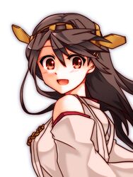  :d brown_eyes brown_hair commentary_request detached_sleeves female hair_ornament hairband haruna_(kancolle) japanese_clothes kantai_collection long_hair looking_at_viewer looking_back nontraditional_miko open_mouth ryuuri_(aoithigo) smile solo white_background 