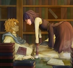  1boy artur_(fire_emblem) blush book bookshelf commentary_request couple delsaber dress female fire_emblem fire_emblem:_the_sacred_stones lute_(fire_emblem) orange_eyes orange_hair purple_eyes purple_hair short_hair straight twintails 