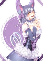  animal_ears bad_id bad_pixiv_id bow cat_ears detached_sleeves dress fangs female fur_trim hairbow interlocked_fingers looking_at_viewer nail_polish open_mouth own_hands_together personification pokemon purple_hair purple_nails purugly shikkoku_neko solo yellow_eyes 