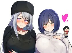  3girls alternate_breast_size bad_id bad_twitter_id black_hair black_shirt blue_hair blush bob_cut breast_envy breasts coat commentary_request cropped_torso earrings fur_hat gloves grabbing grabbing_another&#039;s_breast grey_hair hand_on_own_chest hat heart higuchi_kaede higuchi_kaede_(6th_costume) hoop_earrings huge_breasts jewelry long_hair long_sleeves looking_at_breasts looking_at_viewer mole mole_under_eye multiple_girls nijisanji nose_blush nuezou parted_bangs purple_eyes red_gloves red_scarf ribbed_sweater scarf shirt shizuka_rin short_hair side-by-side simple_background smile sweater tsukino_mito tsukino_mito_(6th_costume) turtleneck turtleneck_sweater upper_body virtual_youtuber white_background white_sweater winter_clothes 