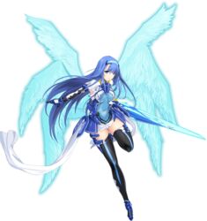  blue_eyes blue_hair boots choukou_shinki_ixseal covered_navel ellis_xillia energy_blade female full_body hairband holding holding_weapon long_hair multiple_wings onigirikun smile solo thigh_boots thighhighs transparent_background weapon wings 