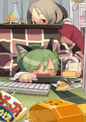  2010 2girls =_= alcohol animal_ears beer_mug blush blush_stickers brown_hair christmas commentary_request computer_keyboard cup drawing_equipment food fruit green_hair kotatsu mandarin_orange mug multiple_girls original photoshop_(medium) sake table under_kotatsu under_the_table yukihiroyuki 