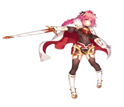  1boy astolfo_(fate) black_thighhighs blush braid cape commentary fate/apocrypha fate_(series) full_body garter_straps hair_ribbon highres long_hair looking_at_viewer male_focus otoko_no_ko pink_hair purple_eyes ribbon single_braid smile solo sword tfotr thighhighs transparent_background weapon 