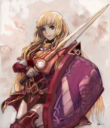  armor aura_kingdom blonde_hair blue_eyes boots commentary_request female hime_cut long_hair opiu shield solo sword thigh_boots thighhighs weapon 