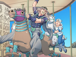  3boys blonde_hair brown_hair carousel commentary_request diego_brando gachon_jirou gyro_zeppeli hat horse johnny_joestar jojo_no_kimyou_na_bouken long_hair male_focus multiple_boys silver_bullet_(jojo) slow_dancer_(jojo) steel_ball_run valkyrie_(jojo) 