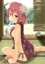  ass bandaged_arm bandages bare_arms barefoot bluekalmia blush breasts brown_eyes commentary_request day double_bun eating feet female food hair_bun highres holding holding_food ibaraki_kasen indoors kayari_buta looking_at_viewer looking_back medium_breasts naked_tabard panties pink_hair popsicle short_hair side-tie_panties sideboob sideless_outfit sitting soles solo tabard toes touhou underwear 