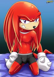  2016 anthro avoid_posting bbmbbf bed bedroom big_eyes big_head black_nose blush boxers_(clothing) bulge clothed clothing digital_media_(artwork) echidna furniture grin half-closed_eyes hi_res inviting knuckles_the_echidna looking_at_viewer male mammal mobius_unleashed monotreme muscular narrowed_eyes palcomix pecs purple_eyes sega smile solo sonic_the_hedgehog_(series) teeth toony topless underwear 